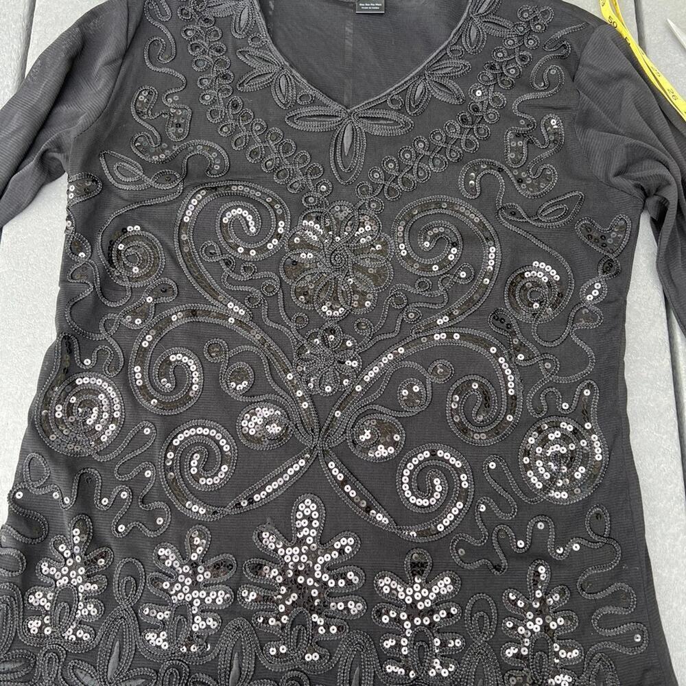 Black sequin women’s top with elbow length sleeve, women's size M